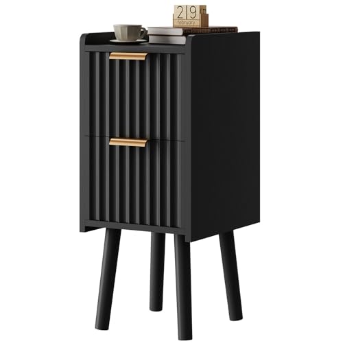 IBUYKE Narrow Nightstand,Slim Bedside Table with 2 Drawer,Black UWNS015B | Space Saving,Skinny Bedside Table for Small Spaces,Wood Side End Tables for Bedroom Living Room
