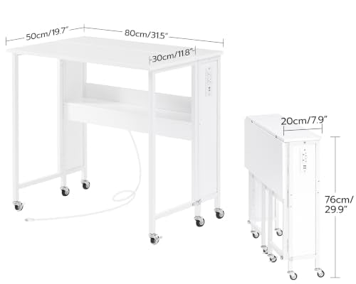 CHOEZON Folding Desk with Power Outlets, 31.5" Rolling Computer Table with Wheels, Portable Office Desk with Storage Shelf for Small Spaces White TDN01UWB - color: White