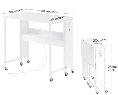 CHOEZON Folding Desk with Power Outlets, 31.5" Rolling Computer Table with Wheels, Portable Office Desk with Storage Shelf for Small Spaces White TDN01UWB - color: White