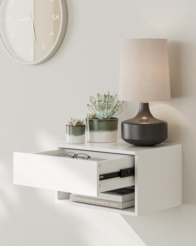Floating Nightstand, Small Modern Floating Nightstand with Drawer, Floating Shelves for Bedroom, Bathroom (White) - color: White