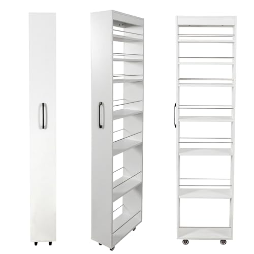 7-Shelf Tall Narrow Storage Cabinet with Wheels, 71 Inch, White | Slim Pull-Out Organizer, 7.87 Inch Wide for Small Spaces Between Washer/Dryer, Kitchen, Bathroom and Laundry Room - color: E-white