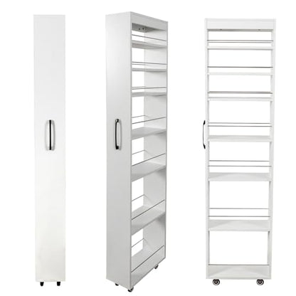 7-Shelf Tall Narrow Storage Cabinet with Wheels, 71 Inch, White | Slim Pull-Out Organizer, 7.87 Inch Wide for Small Spaces Between Washer/Dryer, Kitchen, Bathroom and Laundry Room - color: E-white