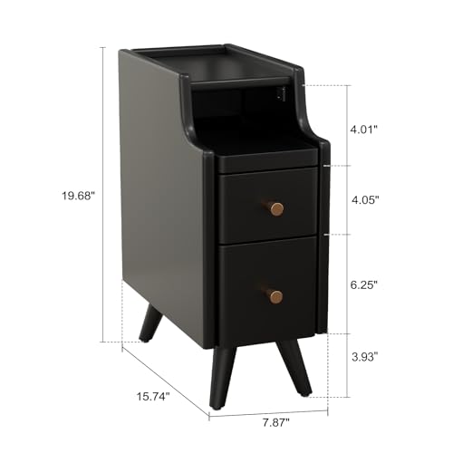 AQIMUELE Narrow Nightstand Set of 2, Small Black Wood Bedside Table with Drawers, End Table for Small Spaces Bedroom - color: 2 Pc(black), size: 15.74''D*7.87''W*19.68''H