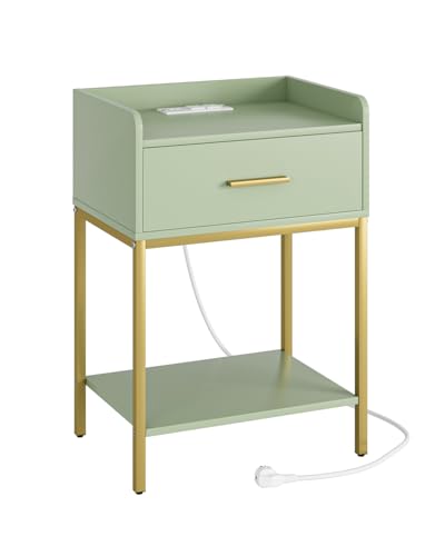 Nightstand with Charging Station,3-Tier Modern Bedside Table Night Stand with Storage Drawer and Open Shelf,Small End Side Table for Bedroom,Living Room,Green - color: Green With Charging Station
