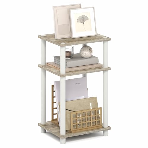 Furinno Turn-N-Tube 3-Tier Toolless Side Table, Narrow Printer Stand with Open Shelf, End Table, Night Stand, for Living Room, Bedroom, Light Oak - color: Light Oak/White