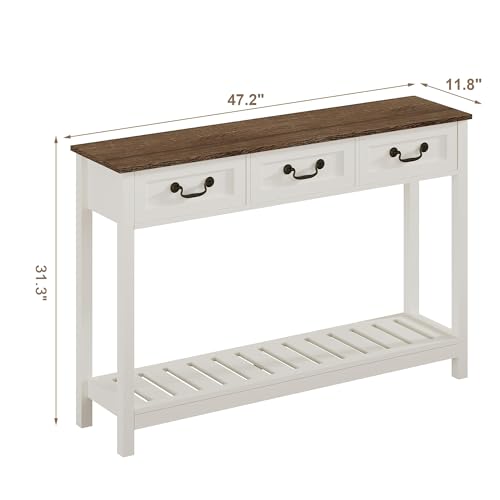 ChooChoo 47" Farmhouse Console Table with 3 Drawers, Rustic Entryway Table, Narrow Long Sofa Table for Living Room, Hallway, Behind Couch, Soft White and Brown - color: Soft White and Brown, size: 11.81"D x 47.24"W x 31.3"H