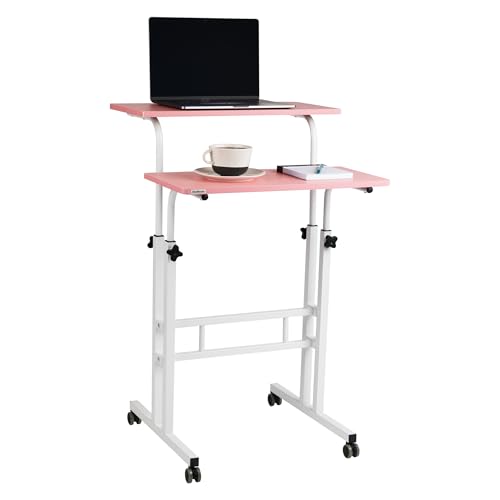 Mind Reader Standing Desk, Adjustable Height Laptop Workstation, Portable Rolling Desk on Wheels, Two-Tier Metal Frame, Pink - color: Pink