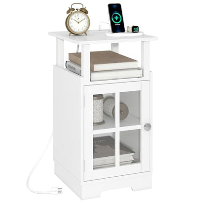 Nightstand with Charging Station,White End Table Modern Side Table with USB Ports and Outlets, Mid-Century Bedside Table with Storage for Bedroom Living Room MLBZ08WE