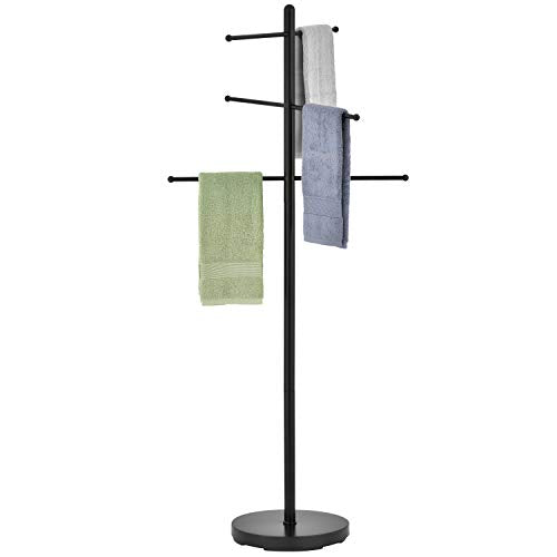 MyGift 6 Bar Outdoor Towel Rack for Pool, Free Standing Bath Towel Holder Storage, SPA Towel Blanket Stand with Round Weighted Base, Modern Black Metal