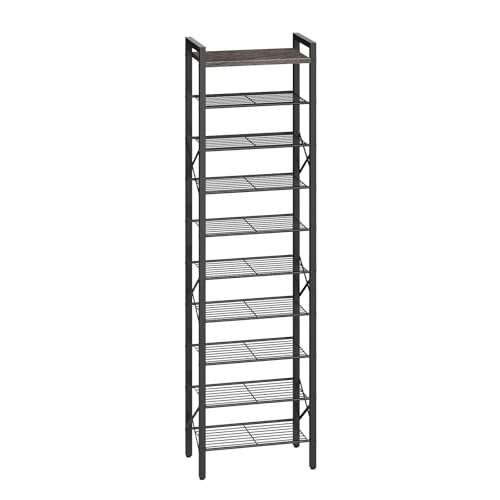 YATINEY 10-Tier Narrow Shoe Rack, Tall Shoe Rack for 10-20 Pairs, Slim Shoe Storage Organizer with Wooden Top, Space Saving, Metal Frame, for Entryway, Charcoal and Black SS68BC - color: Charcoal + Black, size: 16.5" x 10.4" x 67"