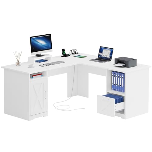 YITAHOME L Shaped Desk with Power Outlets | Computer Desk Corner Desk with File Drawer, Home Office Desk with Monitor Stand & Storage Shelves - color: White