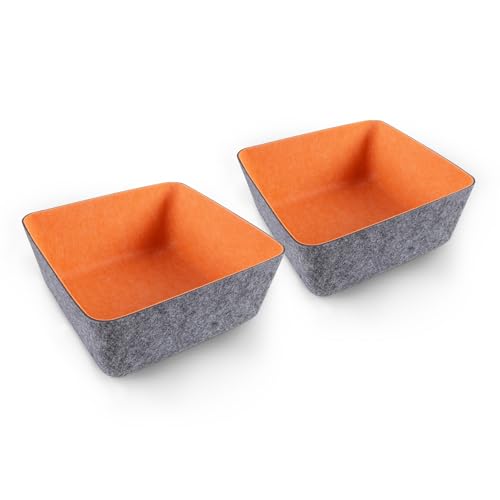 Three by Three Seattle Tapered Felt Storage Bins 2-Pack 9x9 Charcoal/Orange | Recycled felt tapered bins; soft non-scratch; 5"x5" fits most drawers; organize desk, office, bathroom, bedroom & entryway - color: Charcoal/Orange