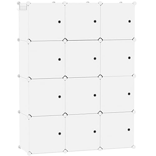 C&AHOME 12-Cube Storage Organizer with Door Cube Shelf Closet Cabinet Milky | DIY Plastic Modular Bookshelf, Stackable Clothes Storage Shelving Ideal for Home, Bedroom, 36.6”L x 12.4”W x 48.4”H - color: Milky