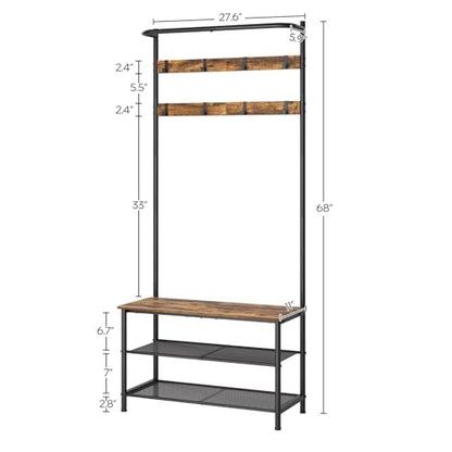 Hall Tree, Coat Rack with Shoe Bench, 4-in-1 Entryway Bench with Storage Shelves, Hanging Rod and 8 Movable Hooks, Hall Tree with Storage Bench for Hallway, Rustic Brown and Black MT02BR