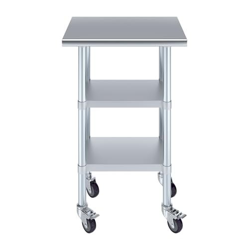 AmGood Stainless Steel Work Table with 2 Shelves and Casters | Metal Utility Table On Wheels (Stainless Steel Work Table with 2 Shelves + Casters, 24" Long x 18" Deep) - size: 24" Long x 18" Deep