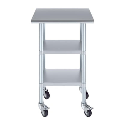 AmGood Stainless Steel Work Table with 2 Shelves and Casters | Metal Utility Table On Wheels (Stainless Steel Work Table with 2 Shelves + Casters, 24" Long x 18" Deep) - size: 24" Long x 18" Deep