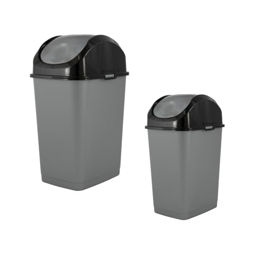 Superio Mini 1.25 Gallon and Small 2.5 Gallon Plastic Trash Cans with Swing Top Lid, Grey Waste Bin for Countertop, Desk, Vanity, Bathroom, 2 Pack (Grey/Black) - size: 1.25 and 2.5 Gallon