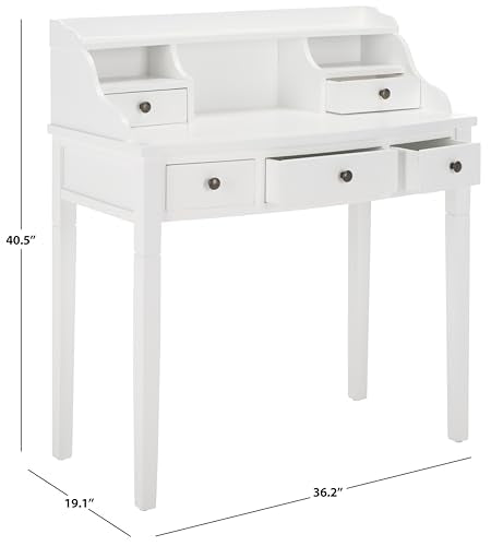 SAFAVIEH Furniture - Landon 5-Drawer Writing Desk - White - Solid Wood - Classic Hutch Design - Ideal for Home Office, Living Room, Den, 36.2"W x 19.1"D x 40.5"H (AMH6516D) - color: White