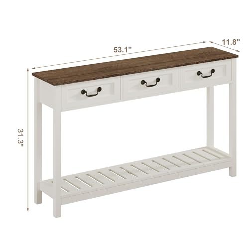 ChooChoo Farmhouse Console Table with 3 Drawers, Rustic Entryway Table, Narrow Long Sofa Table for Living Room, Hallway, Behind Couch, Soft White and Brown - color: Soft White and Brown, size: 11.81"D x 53.1"W x 31.3"H