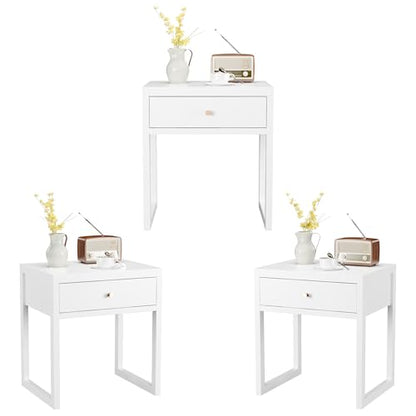 Modern Minimalist White Nightstand with Drawer - Compact Bedside Table for Small Spaces, Easy Assembly, Sturdy MDF Wood, Smooth Painted Finish - Perfect for Bedroom or Apartment