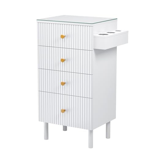 OmySalon Salon Station, Barber Station for Stylist, Hair Storage Cabinet with Glass Top & 4 Drawers & 3 Heat Resistant Tool Holders, For Beauty Spa, Salon, White - color: White