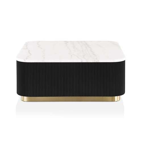 Furniture of America Beryl Modern Square White Genuine Marble Top Coffee Table with Fluted Pedestal Base and Gold Stainless Steel Accent, Low Profile Table for Living Room, Home Office, Black - size: Coffee table, style: Square