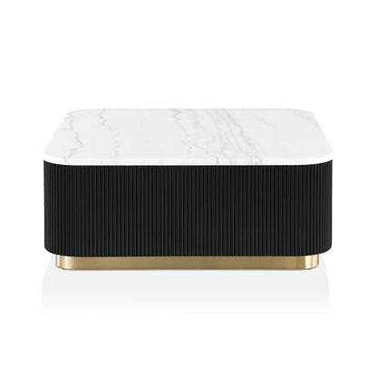 Furniture of America Beryl Modern Square White Genuine Marble Top Coffee Table with Fluted Pedestal Base and Gold Stainless Steel Accent, Low Profile Table for Living Room, Home Office, Black - size: Coffee table, style: Square
