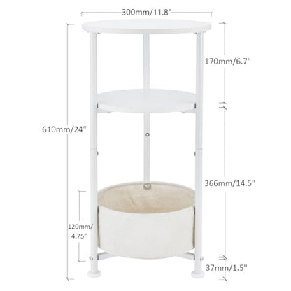 Small Round Side Table with Storage Basket, 3-Tier Narrow End Table Nightstand for Living Room Bedroom, 11.8" Diameter Modern Bedside Table for Small Spaces, Wood Grain & Metal Frame (White) - color: White