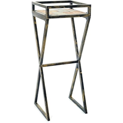 HomeStock Modern Plant Stand - Metal Plant Display Stand - Indoor Outdoor Decor - Gray Stone Slab & Gold Accents - 35.5" Tall