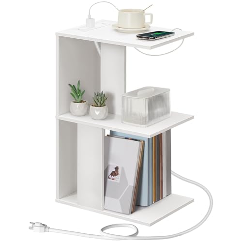 MAHANCRIS End Table with Charging Station, C-Shaped White Side Table, Thin Nightstand with Storage, Bedside Table for Small Spaces, End Tables Living Room, Bedroom, Easy Assembly, ETWT18E01Z - color: White