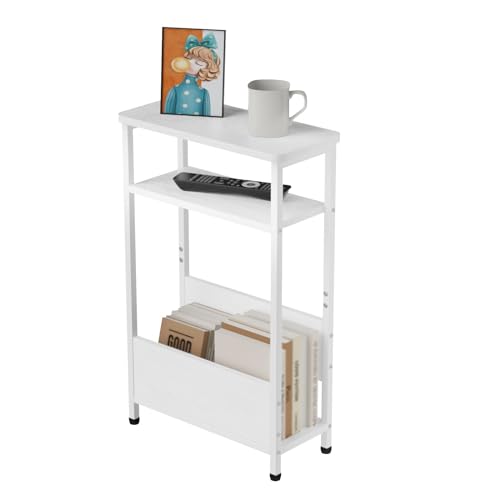 THUMEYE 7.1" Narrow Side Table for Small Spaces, 3 Tier Small End Table with Magazine Holder, Slim/Skinny Nightstand/Bedside Table for Living Room, Bedroom, 15.4" L x 24.2" H, White - color: White