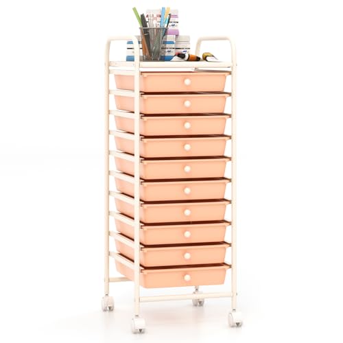 Giantex 10-Drawer Storage Cart w/Universal Wheel, Rolling Cart w/Handle, Home Organizer Storage Unit w/Removable Drawers, Trolley Utility Cart for Kitchen Makeup Living Room Office Play Room - color: Peach Fuzz, size: 10 Drawer-13"x15"x34"