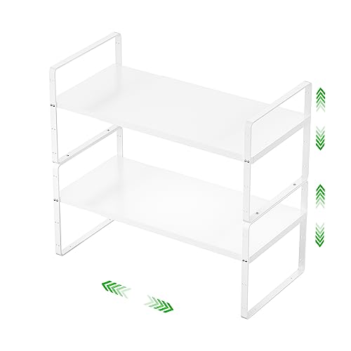 Expandable Cabinet Storage Shelf Stackable Organizer Rack for Kitchen Bathroom Pantry Spice Cupboard Countertop Home Office Desk Heavy Duty Nonslip White Small 2 PACK - color: Smooth White, size: Small - 8.1"D - 2 Pack