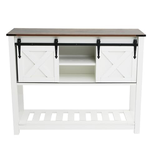 White Farmhouse Entryway Table, Rustic Hallway Table with Storage Shelf, Sofa Table with Sliding Barn Doors for Hallway, Entryway, Living Room, Foyer - color: White