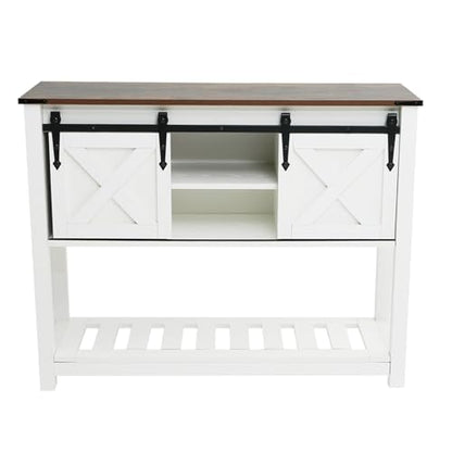 White Farmhouse Entryway Table, Rustic Hallway Table with Storage Shelf, Sofa Table with Sliding Barn Doors for Hallway, Entryway, Living Room, Foyer - color: White