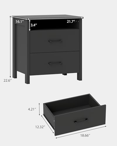 Farmhouse Nightstand Set of 2, Rustic Nightstand with 2 Drawers, Wood End Table with Open Shelf, Side Table for Bedroom, Black - color: Black, size: 2 Pieces