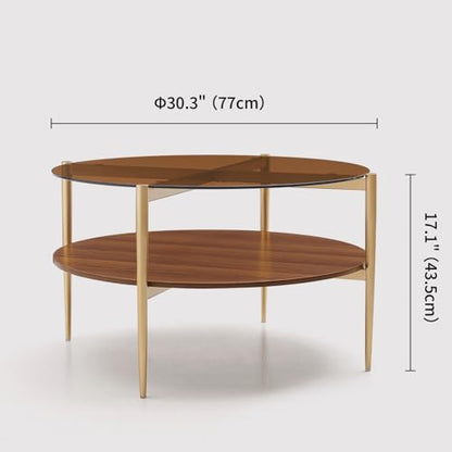 LumFurn Round Coffee Table, Mid-Century Modern Design, D30 x H17, for Living Room, 2-Tier Structure, Amber Glass Top and Walnut MDF Shelf, Sleek Conical Metal Legs with Gold Finish - color: Amber & Walnut, size: D30" Round Coffee Table