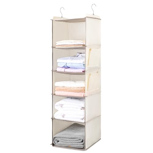 BOOMIBOO Hanging Closet Organize and Shelves,5-Hanging Shelf （Beige） | Dorm Room Essentials, Clothes Organizer with 2 Side Pockets, Hanging Shelves for Closet Storage, Breathable Fabric - color: Beige, size: 1