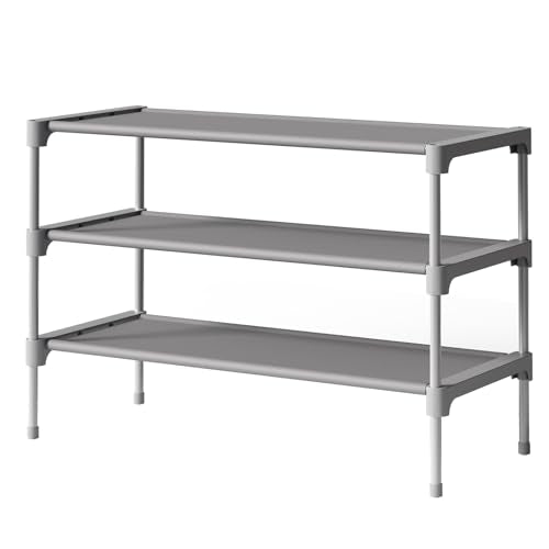 Kitsure Shoe Rack - Non-Woven Shoe Rack Shelf, Shoe Organizer for Closet, Entryway, Garage & Corridor, Stackable Shoe Shelves, 27.5" Wide - 3 Tier, Grey | Shoe Organizer for Closet, Entryway, Garage, Stackable Shoe Shelves, college dorm&apartment essentia
