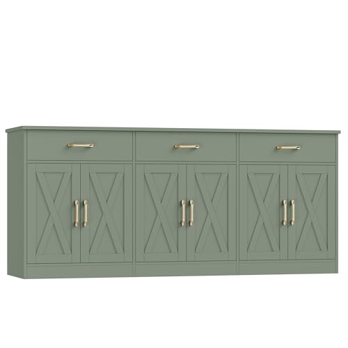 HOSTACK 71"W Farmhouse Kitchen Sideboard Buffet Cabinet with Storage, Green | Large Coffee Bar Cabinet with 3 Wide Drawers, Long Buffet Table with Shelves, Kitchen Storage Cabinet for Dining Room - color: Green
