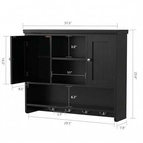 Bathroom Wall Cabinet with Doors and Hooks, 3-Tier Wall Mounted Cabinet | Modern Medicine Cabinet with 3 Open Shelves, Over the Toilet Storage Cabinet for Kitchen, Laundry Room, Living Room, Black - color: Black