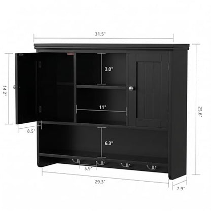 Bathroom Wall Cabinet with Doors and Hooks, 3-Tier Wall Mounted Cabinet | Modern Medicine Cabinet with 3 Open Shelves, Over the Toilet Storage Cabinet for Kitchen, Laundry Room, Living Room, Black - color: Black