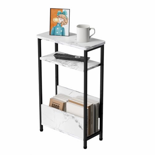 THUMEYE 7.1" Narrow Side Table for Small Spaces, 3 Tier Small End Table with Magazine Holder, Slim/Skinny Nightstand/Bedside Table for Living Room, Bedroom, 15.4" L x 24.2" H, Faux White Marble - color: Faux White Marble