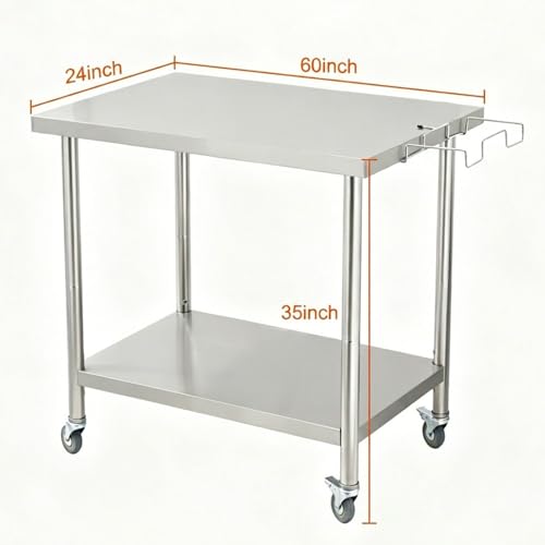 Garvee Stainless Steel Curved Edge Work Table 60 inch Double Layer, Heavy Duty Commercial Prep Table with Hook, 0.7mm Thick - size: 60*24*35inch