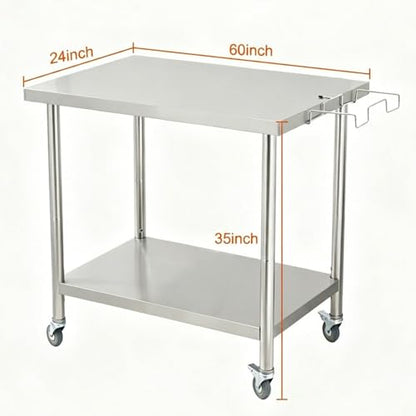 Garvee Stainless Steel Curved Edge Work Table 60 inch Double Layer, Heavy Duty Commercial Prep Table with Hook, 0.7mm Thick - size: 60*24*35inch