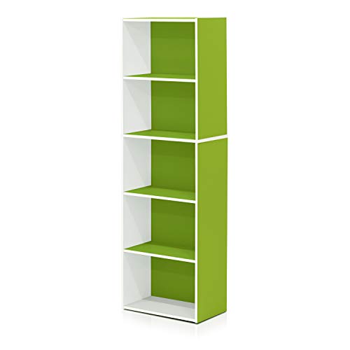 Furinno LUDER Book Shelf, 5-Tier Bookshelf, Bookcase with Open Shelves, 9.4 x 15.8 x 52, Easy Assembly, for Living Room, Bedroom, Home Office, White/Green - color: White/Green, size: 5-Tier