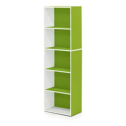 Furinno LUDER Book Shelf, 5-Tier Bookshelf, Bookcase with Open Shelves, 9.4 x 15.8 x 52, Easy Assembly, for Living Room, Bedroom, Home Office, White/Green - color: White/Green, size: 5-Tier