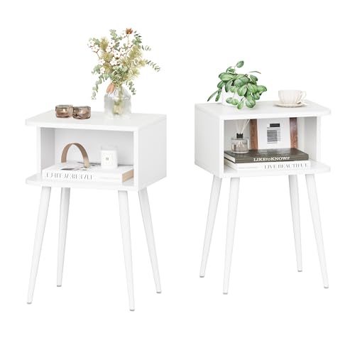 White Nightstand Set of 2, Small Bed Side Table for Small Spaces, Mid Century Modern Nightstand End Table with Open Storage, Side Table for Bedroom Living Room, MLBZ20W-2 - color: White