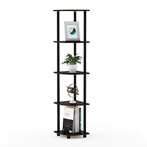 Furinno TURN-N-TUBE Corner Shelf, 5-Tier Corner Bookshelf, Open Storage Shelves, for Organization and Storage, Living Room, Home Office, Garage, Bedroom, Dark Brown Grain - color: Dark Brown Grain/Black, size: 5-Tier Corner