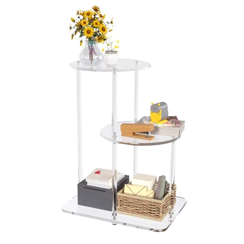 Clear Acrylic 3-Tier Round Side Table, Modern Step End Table Nightstand or Plant Stand for Living Room, Bedroom, or Entryway, 16.7" L x 11.8" W x 22.8" H (Round)
